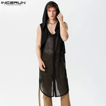 INCERUN Мужские летние длинные пляжные топы в сеточку без рукавов с капюшоном