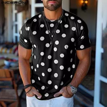 INCERUN Мужские летние футболки с коротким рукавом в горошек Повседневные топы с круглым вырезом S жёлтый