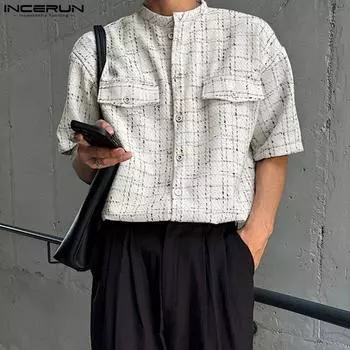 INCERUN Мужские летние футболки с коротким рукавом и широкими бретелями, повседневные клетчатые топы с пуговицами L белый