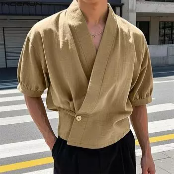 INCERUN Мужские летние футболки с коротким рукавом и перекрестными принтами спереди 2XL зелёный