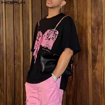 INCERUN Мужские летние футболки с коротким рукавом и принтом O-образным вырезом, повседневные футболки, топы S чёрный