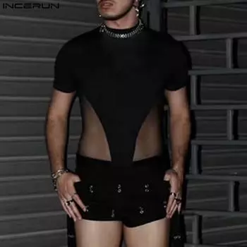 INCERUN Мужские летние футболки с коротким рукавом в сеточку в стиле пэчворк для вечеринок и клуба M