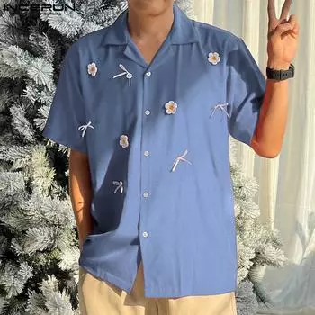 INCERUN Мужские летние футболки с короткими рукавами и цветочным принтом с лацканами 2XL красный