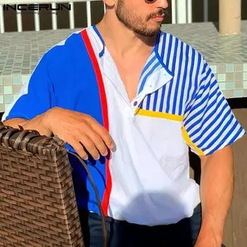 INCERUN Мужские летние футболки с короткими рукавами в цветную полоску