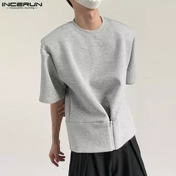 INCERUN Мужские летние футболки с круглым вырезом и коротким рукавом, повседневные топы с застежкой-молнией спереди S серый