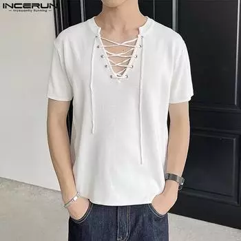 INCERUN Мужские летние футболки с повязкой на шее, повседневные свободные топы на шнуровке 2XL чёрный