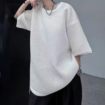 INCERUN Мужские летние футболки свободного покроя с круглым вырезом и коротким рукавом, прозрачные топы XL чёрный