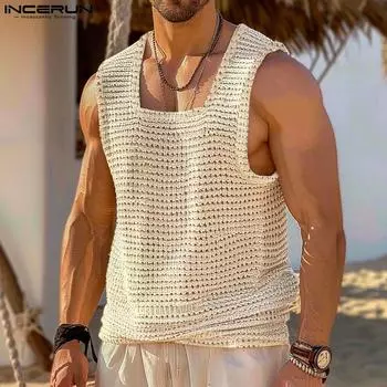 INCERUN Мужские летние клетчатые майки без рукавов, повседневный свободный вязаный текстурный жилет S чёрный