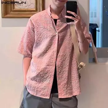 INCERUN Мужские летние клетчатые топы с коротким рукавом, повседневные винтажные рубашки с пуговицами S розовый