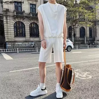 INCERUN мужские летние комплекты однотонные топы без рукавов и короткие брюки спортивный костюм