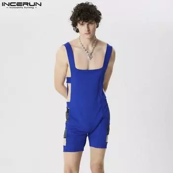 INCERUN мужские летние короткие боди без рукавов с вырезами и комбинезонами 2XL чёрный
