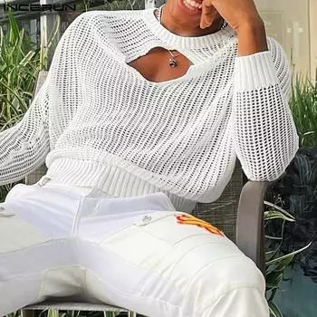 INCERUN мужские летние кружевные прозрачные топы с длинными рукавами и крючком