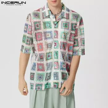 INCERUN Мужские летние кружевные рубашки крючком с цветочным принтом, ажурные топы S зелёный
