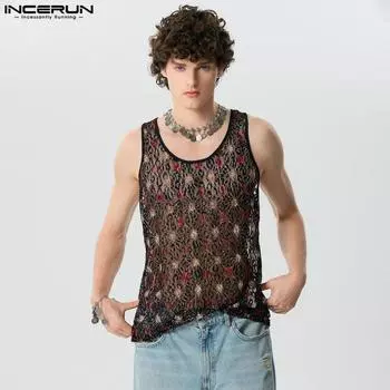 INCERUN мужские летние кружевные вязаные крючком майки с цветочным принтом сетчатый жилет