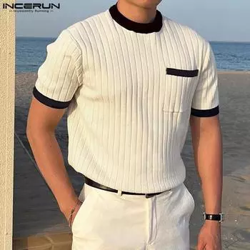 INCERUN мужские летние лоскутные футболки с короткими рукавами повседневные облегающие топы 2XL розовый