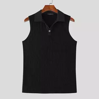 INCERUN Мужские летние майки без рукавов с лацканами на пуговицах, однотонные, повседневные, в рубчик 2XL