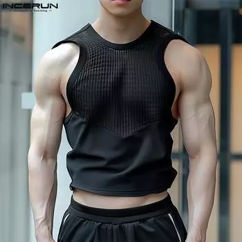 INCERUN Мужские летние майки без рукавов с круглым вырезом и кружевом, летние лоскутные майки 3XL чёрный