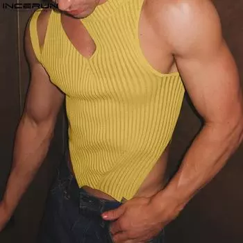 INCERUN Мужские летние майки без рукавов с асимметричным подолом, вырезанные однотонные трикотажные жилеты 2XL чёрный