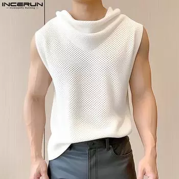 INCERUN мужские летние майки без рукавов с высоким воротом в сетку, ажурный жилет
