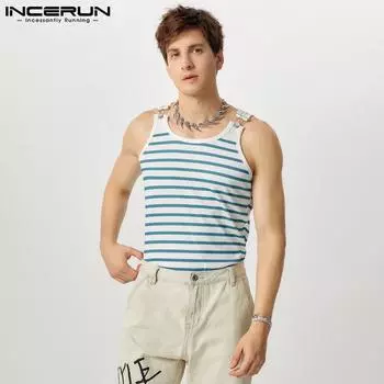 INCERUN Мужские летние майки без рукавов с полосатым принтом, жилет-борцовка M белый