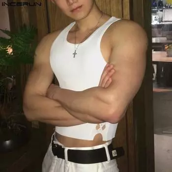 INCERUN Мужские летние майки без рукавов с вырезами по бокам, облегающие укороченные футболки L чёрный