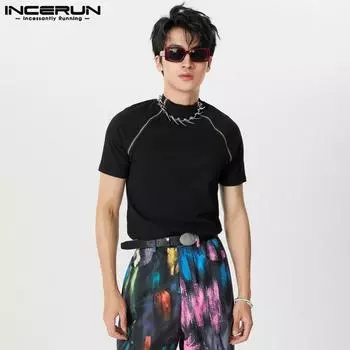 INCERUN мужские летние облегающие топы с короткими рукавами и футболками на молнии спереди S чёрный
