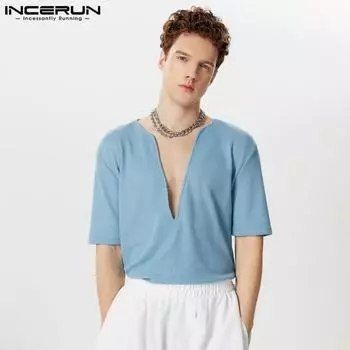 INCERUN Мужские летние однотонные футболки с глубоким V-образным вырезом и короткими рукавами, вафельные топы 3XL коричневый