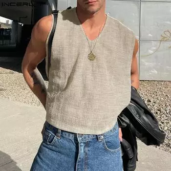 INCERUN Мужские летние однотонные майки без рукавов с V-образным вырезом S зелёный