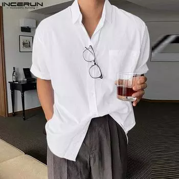 INCERUN мужские летние однотонные свободные рубашки с короткими рукавами