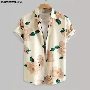 INCERUN мужские летние пляжные футболки с цветочным принтом гавайские рубашки S бежевый