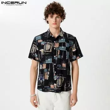 INCERUN Мужские летние пляжные футболки с короткими рукавами и воротником с лацканами S бежевый