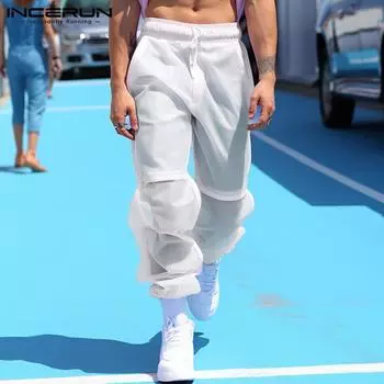 INCERUN Мужские летние пляжные сетчатые прозрачные брюки на шнурке 2XL синий