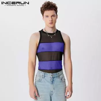 INCERUN Мужские летние полосатые жилеты без рукавов в сетку в стиле пэчворк 2XL розовый