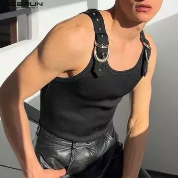 INCERUN Мужские летние повседневные майки без рукавов с лоскутным узором и ребристым ремешком M белый