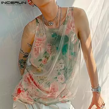 INCERUN мужские летние прозрачные майки с цветочным принтом прозрачный жилет 4XL розовый