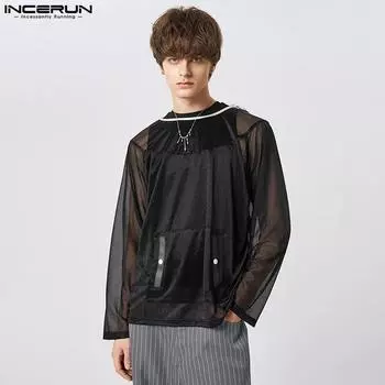 INCERUN Мужские летние прозрачные рубашки с длинными рукавами и молнией с капюшоном