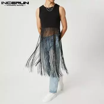 INCERUN мужские летние рубашки без рукавов в стиле пэчворк с кисточками вечерние топы