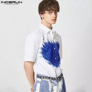 INCERUN Мужские летние рубашки на пуговицах с короткими рукавами и принтом
