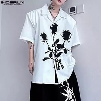 INCERUN Мужские летние рубашки с цветочным принтом, повседневные свободные футболки на пуговицах S чёрный