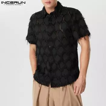 INCERUN Мужские летние рубашки с кисточками, вязаные крючком, повседневные топы с сетчатыми лацканами и пуговицами в стиле пэчворк S чёрный