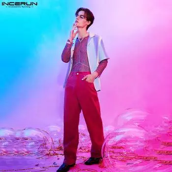 INCERUN Мужские летние рубашки с короткими рукавами и принтом S фиолетовый