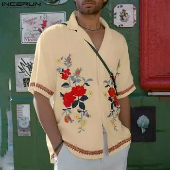 INCERUN Мужские летние рубашки с лацканами, топы с коротким рукавом и цветочным принтом 4XL бежевый