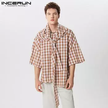 INCERUN Мужские летние рубашки с завязками и короткими рукавами в клетку с принтом в клетку XL хаки