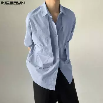 INCERUN Мужские летние рубашки свободного покроя с коротким рукавом и пуговицами из двух частей L синий
