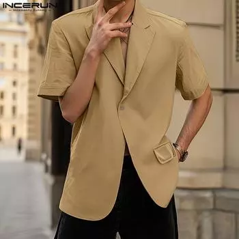 INCERUN Мужские летние рубашки свободного покроя с V-образным вырезом и коротким рукавом на одной пуговице S чёрный