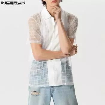 INCERUN Мужские летние сетчатые прозрачные рубашки с короткими рукавами и вечерние топы