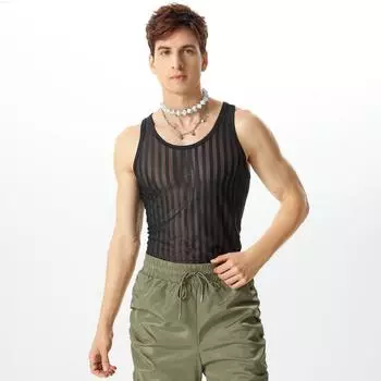 INCERUN Мужские летние сетчатые топы без рукавов в полоску Прозрачный жилет S чёрный