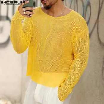 INCERUN Мужские летние сетчатые топы с длинным рукавом и ажурными прозрачными футболками M чёрный