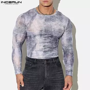 INCERUN Мужские летние сетчатые топы с круглым вырезом и длинным рукавом с принтом, прозрачные футболки M синий