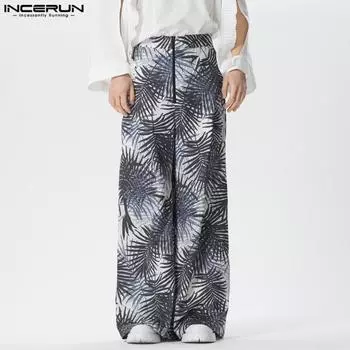 INCERUN мужские летние широкие брюки с высокой молнией и принтом на талии, длинные брюки